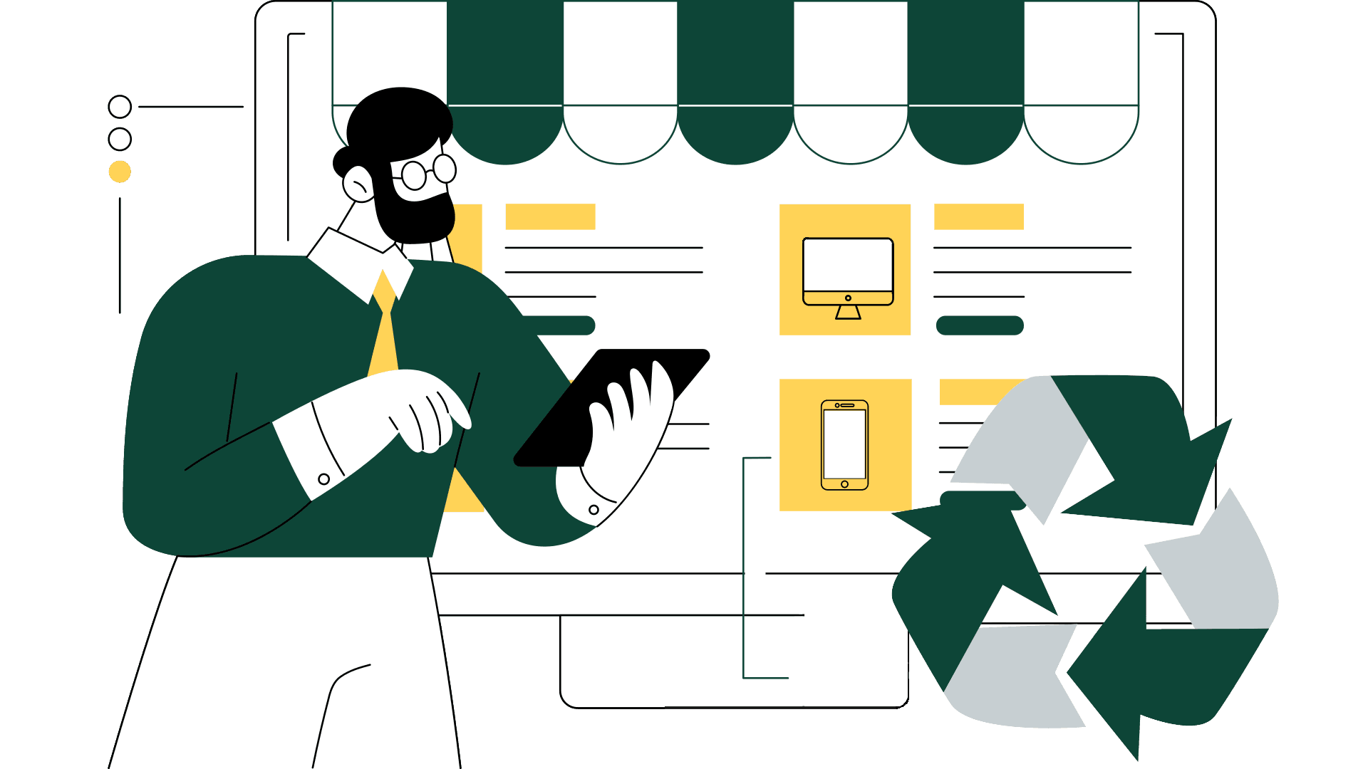 Ilustration of a man in front of ecommerce web page with recycle icon checking tablet,